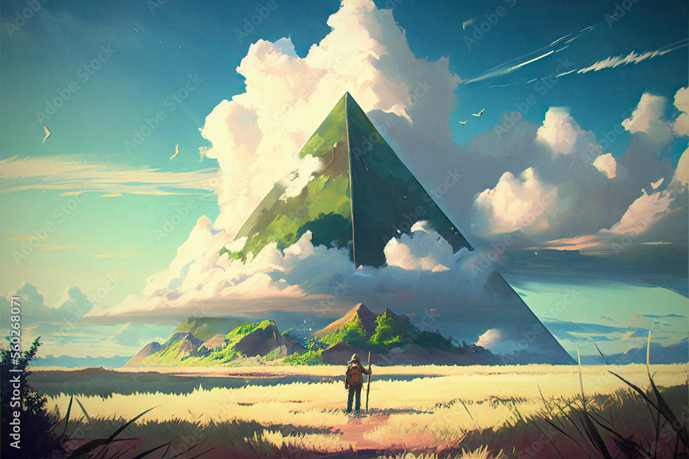 large pyramid covered with green grass towered in front of the traveler., digital art style, generat