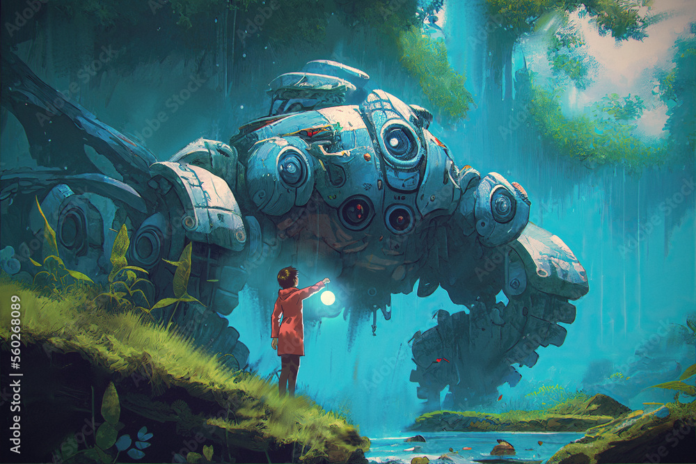 Woman holding a lantern looking at a big robot in the forest, digital art style, generative AI