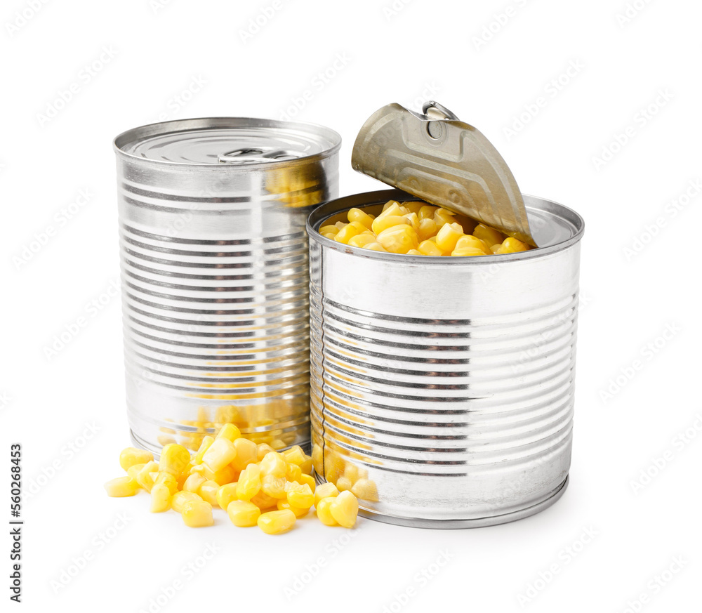 Tin cans and corn kernels isolated on white background