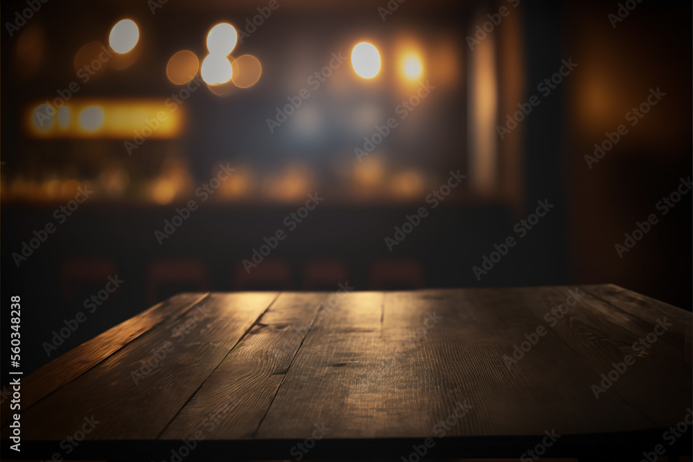 Dark table with bar in the background, Generative AI