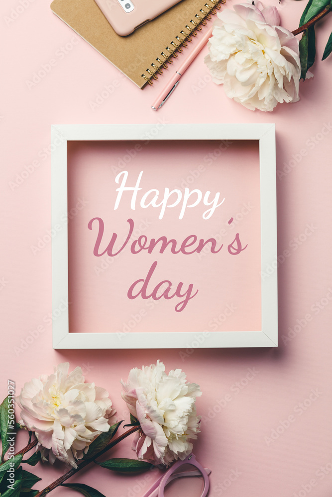 Happy womens day greeting card: mobile phone, glasses and flowers on a pink background