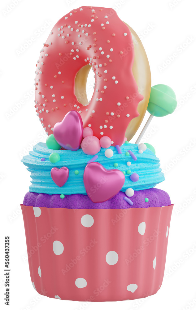 Colorful sweet cupcake with sprinkles and desserts, 3d rendering