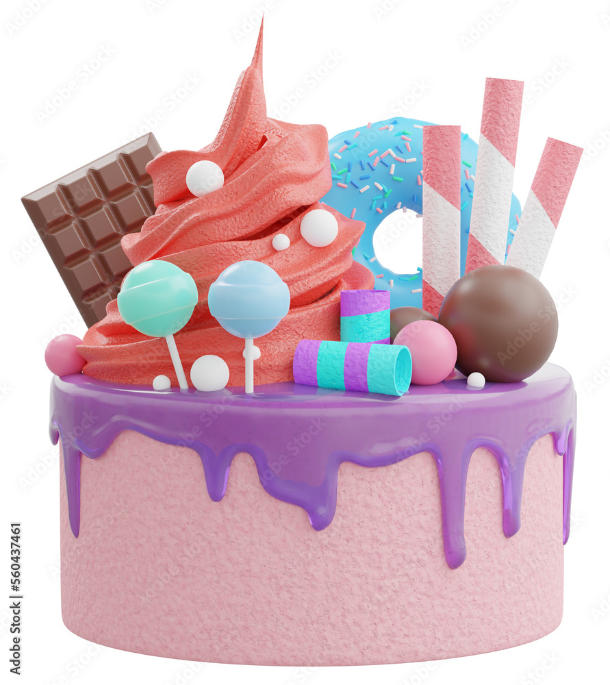 Colorful sweet cake with sprinkles and desserts, 3d rendering