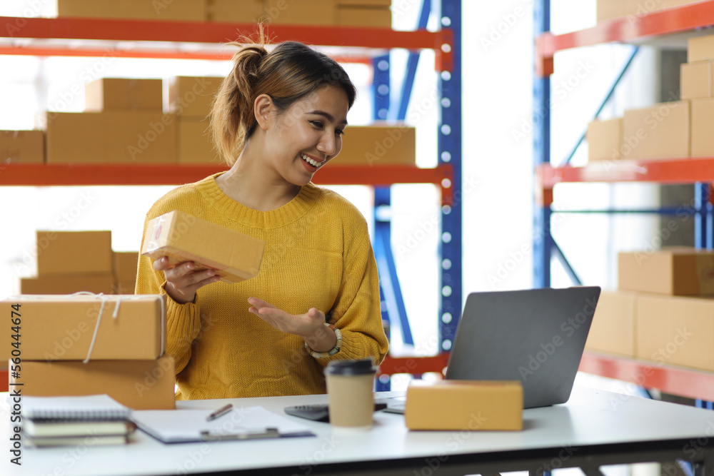 Woman startup small business entrepreneur works with cardboard boxes in a warehouse. Ecommerce busin