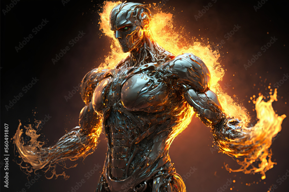 Humanoid robot creation - 3D illustration of science fiction cyborg man forming from molten liquid m