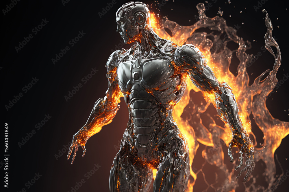 Humanoid robot creation - 3D illustration of fire human robot metal (ai generated)