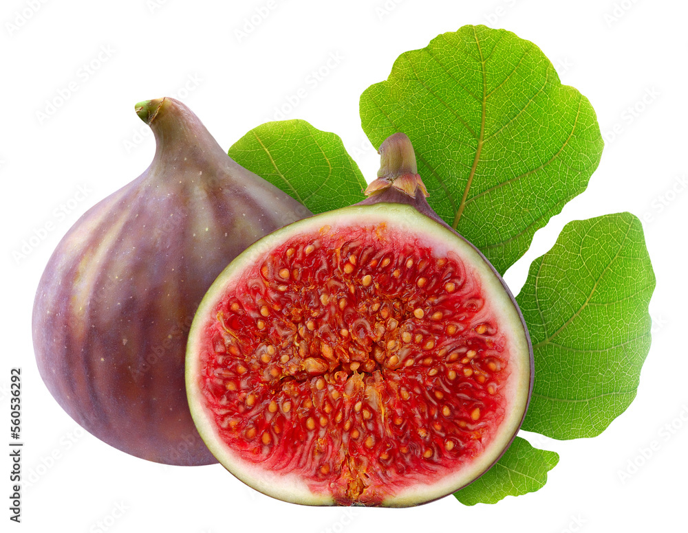 Isolated fresh figs cut in half over green leaf