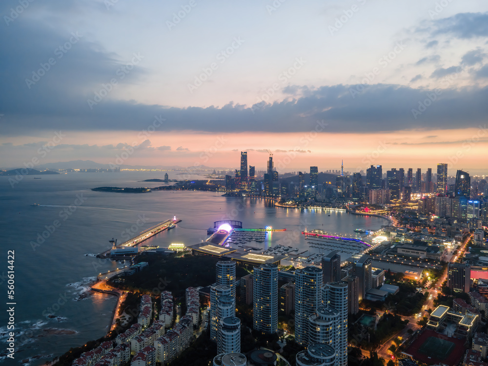 Overlooking the night view of Qingdao City Coastlin