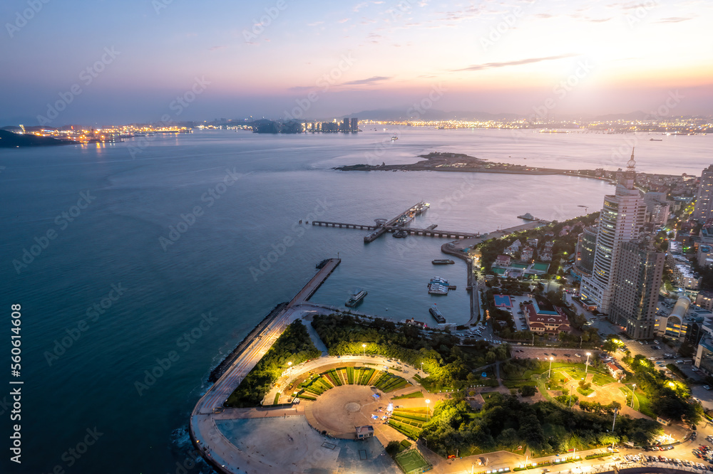 Overlooking the night view of Qingdao City Coastlin