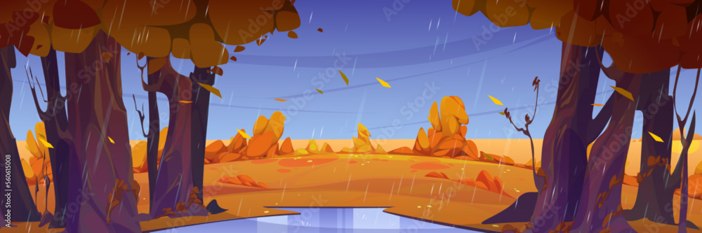 Rain in autumn forest, wild nature landscape. Cartoon fall background with puddle, fields, yellow gr