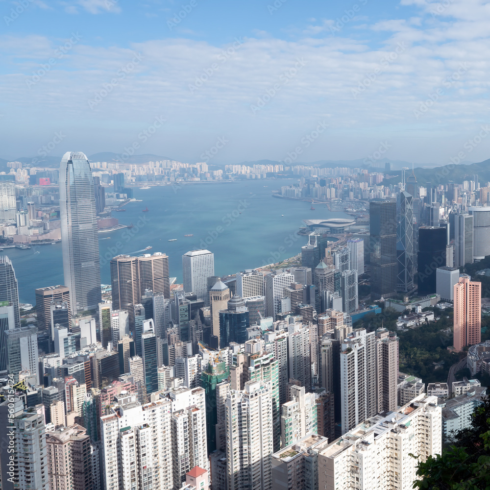 空中香港城市海岸线建筑天际