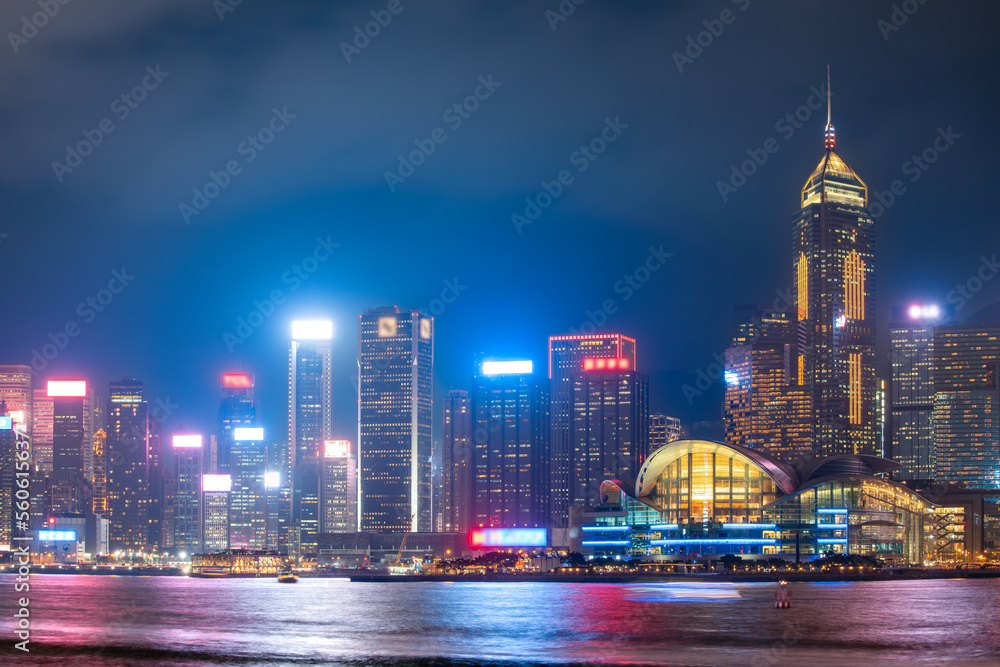 Hong Kong Coastline Modern Architecture Skyline Night Scenery