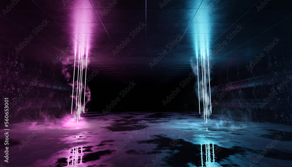 Futuristic blue and pink neon lights interior. Cyber neon laser tubes in garage room hangar. Sci fi 