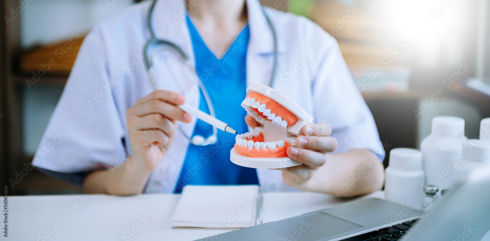 Concentrated dentist sitting at table with jaw samples tooth model and working with tablet and lapto