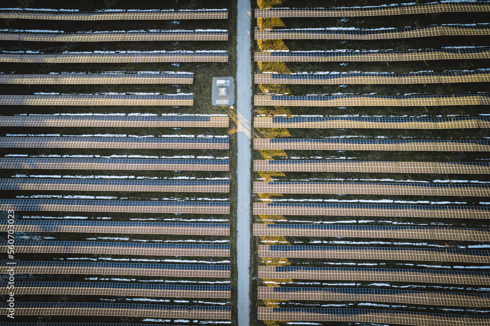 Aerial view of solar panels and solar farm for renewable energy