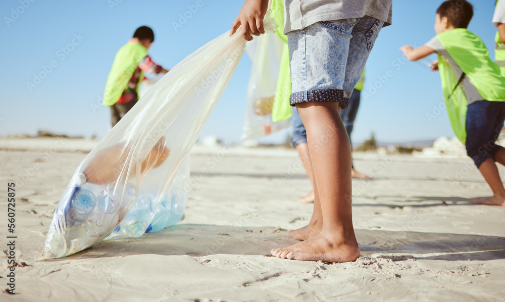 Children, legs or plastic bottles in beach clean up, climate change collection or environment sustai