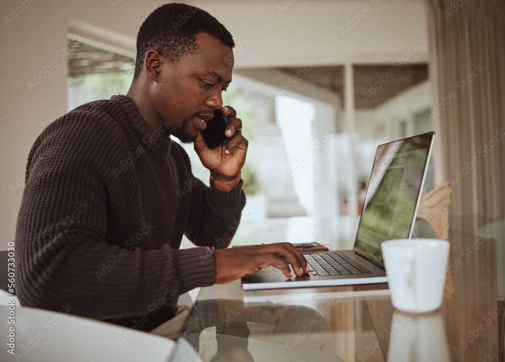 Remote work, phone call and black man typing on laptop in home office for online consulting, trading