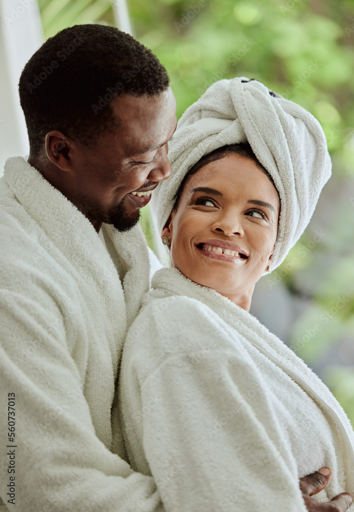 Spa, love and relax with a black couple in a health center or luxury resort for romance and wellness