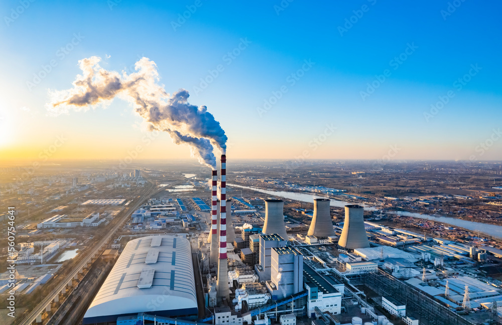 Urban factory chimney cooling tower aerial view, environmental pollution, air pollution