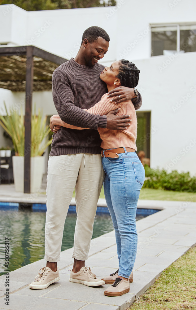 Black couple, house and swimming pool property while outdoor for a hug, love and care while happy ab