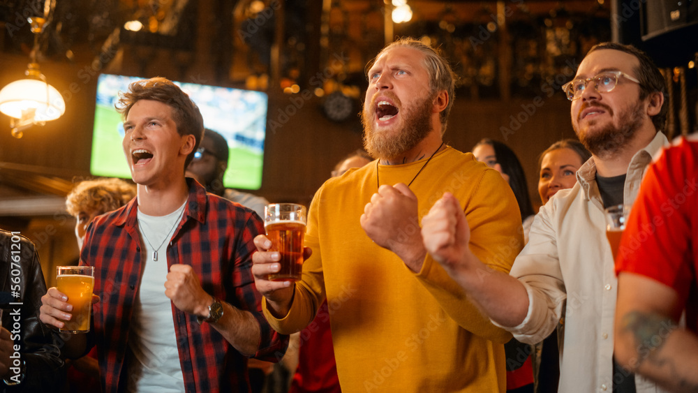 Group of Friends Watching a Live Soccer Match on TV in a Sports Bar. Three Men Cheering and Shouting