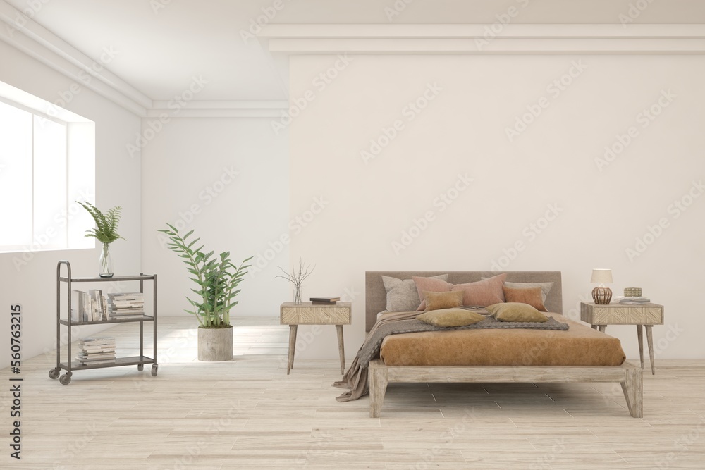 White bedroom interior. Scandinavian design. 3D illustration