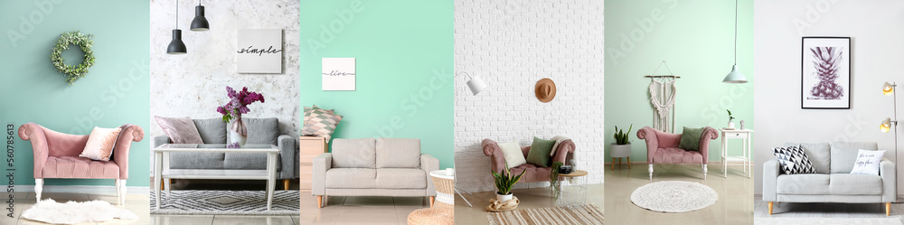 Collage of beautiful sofas in stylish interiors of living room