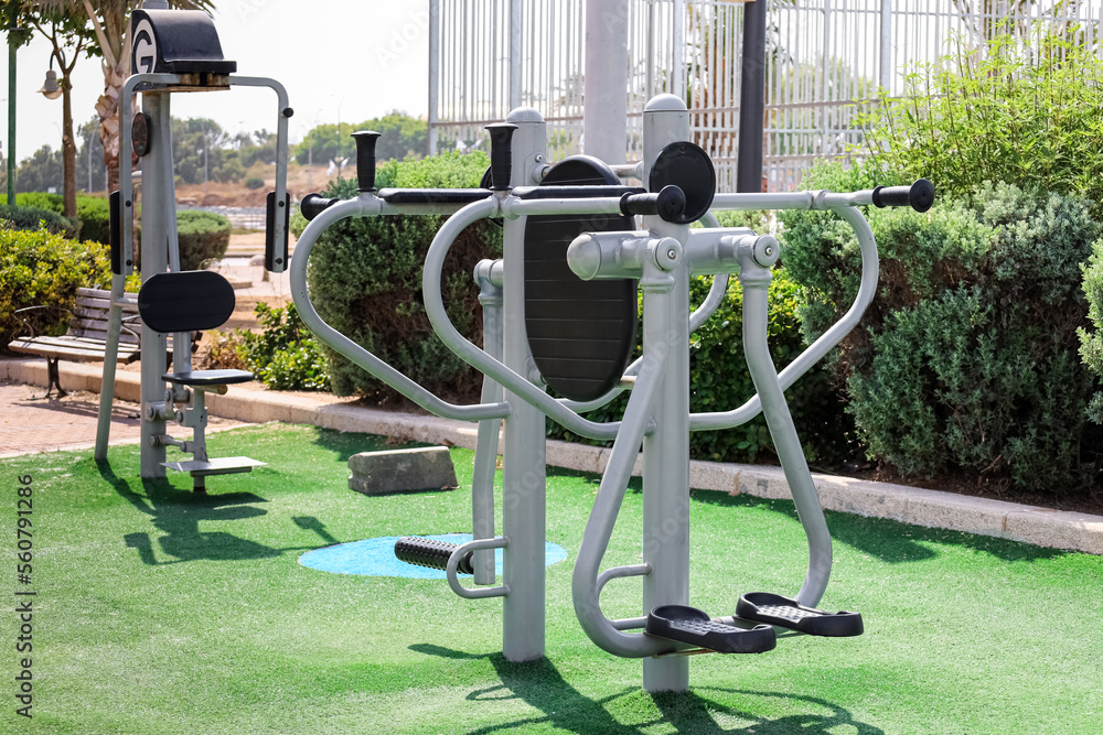 Modern exercise equipment on sport ground