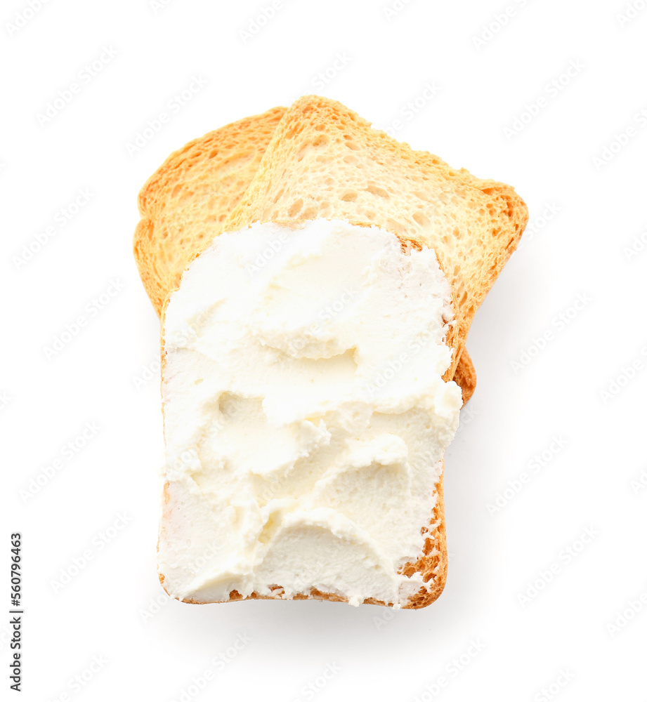 Toasts with tasty cream cheese on white background