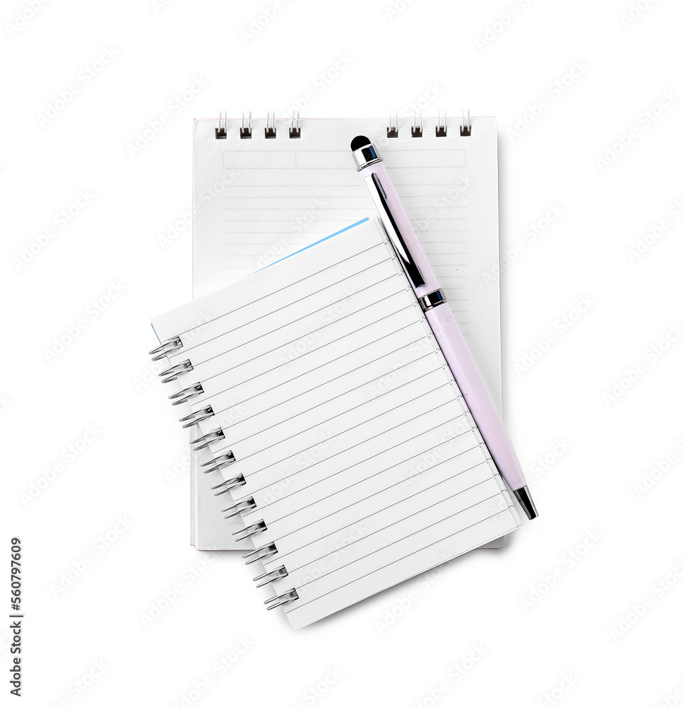 Notebooks and pen isolated on white background