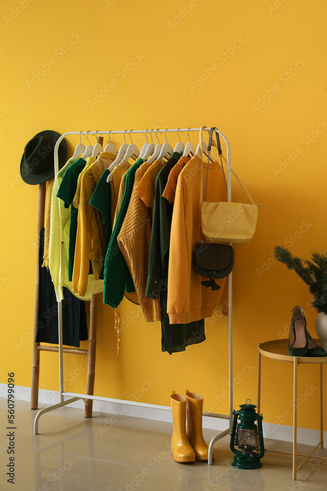 Rack with stylish female clothes and accessories in interior of room