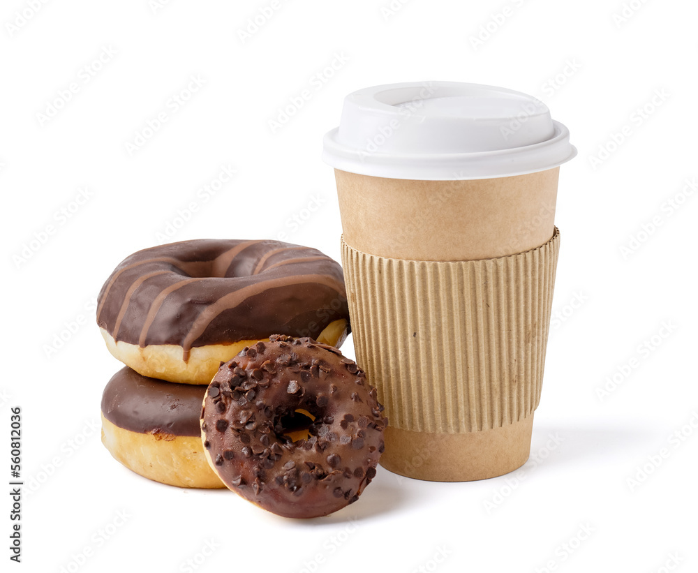 Tasty glazed donuts and paper cup isolated on white background