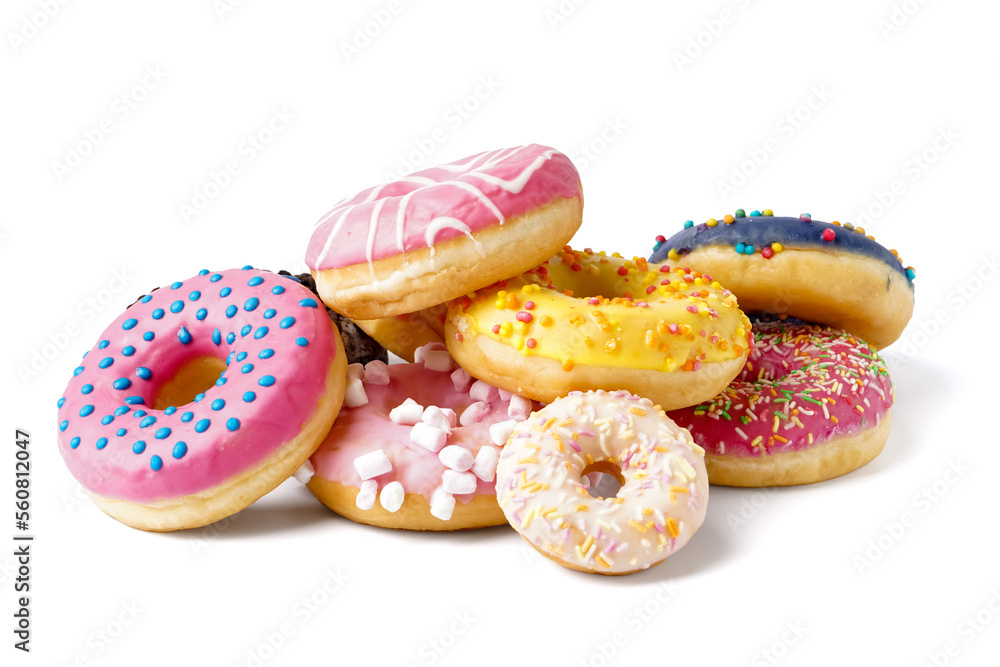 Heap of tasty glazed donuts isolated on white background