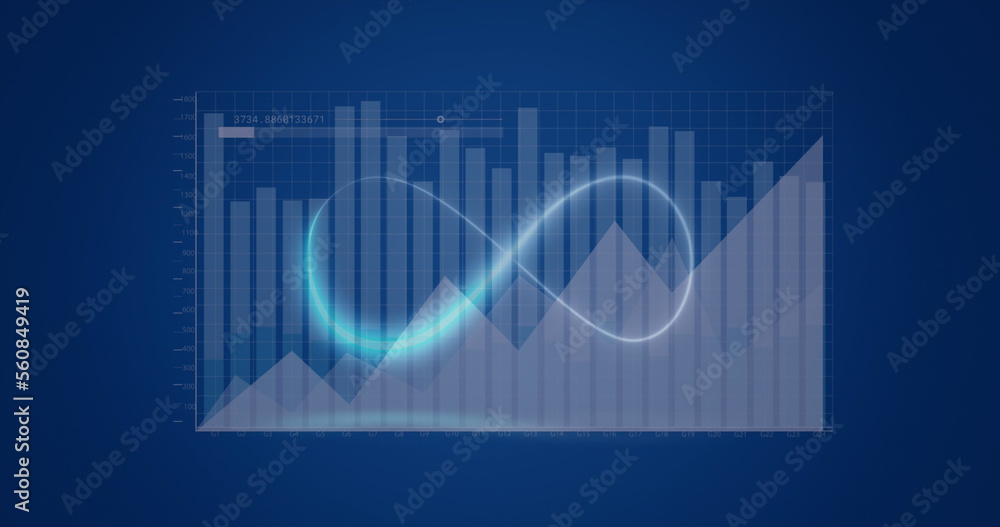 Composition of data processing over shapes on blue background