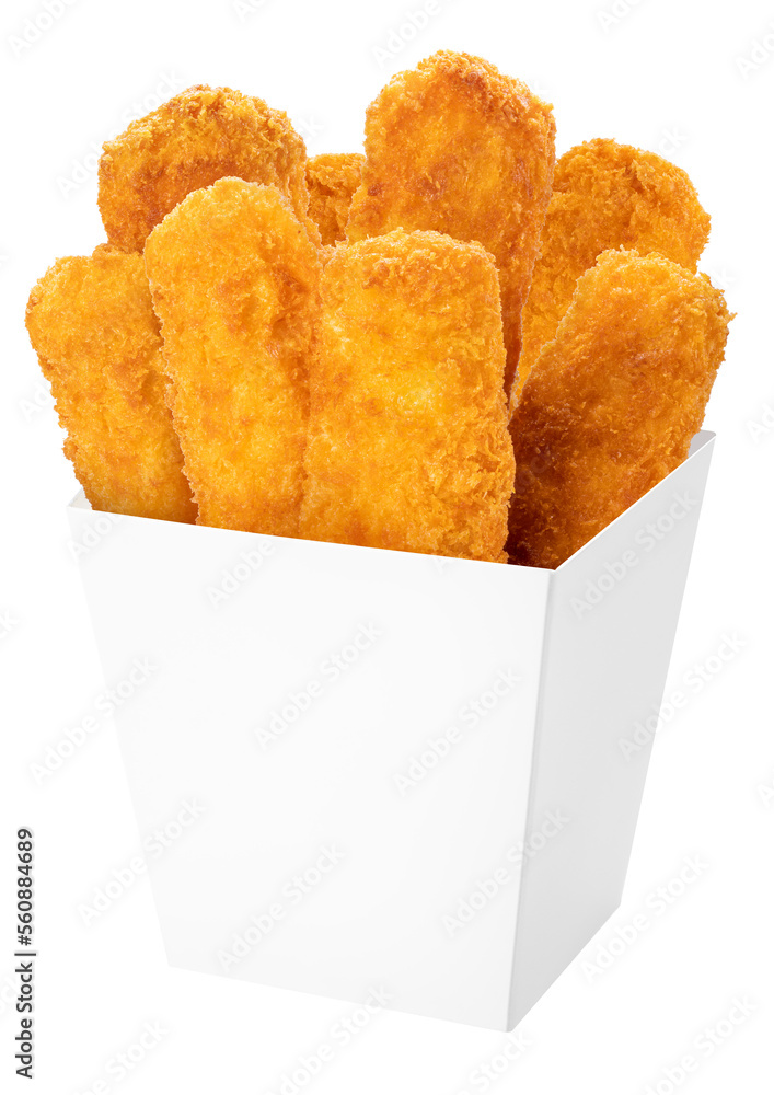 Fried Fish sticks in paper bucket on white, Fried fish fingers on White background PNG File.