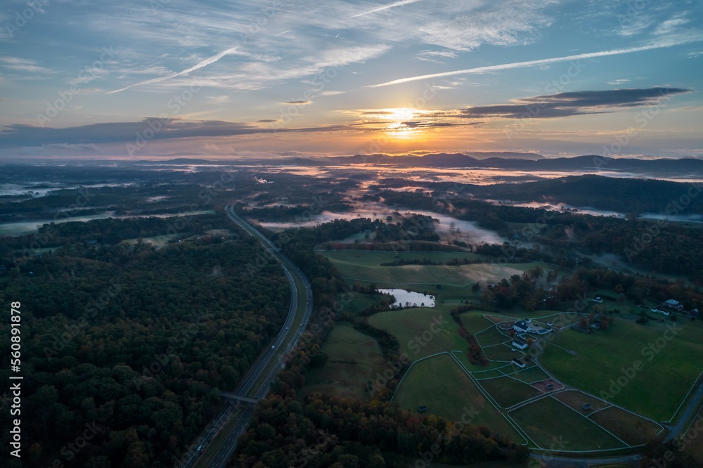 Aerial view of fabulous landscape during early morning sunrise