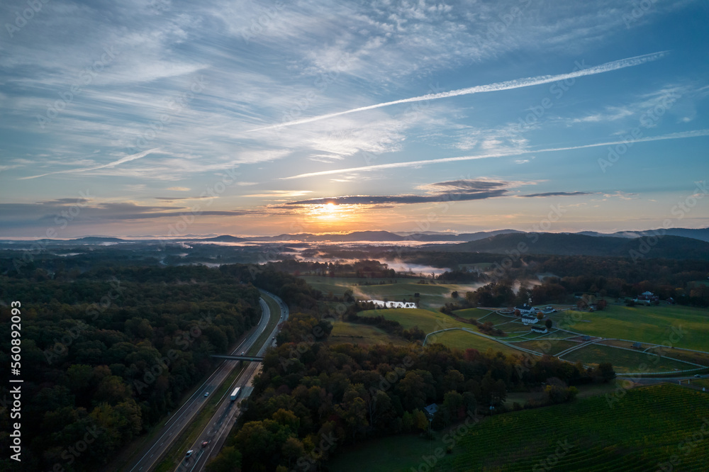 Aerial view of fabulous landscape during early morning sunrise