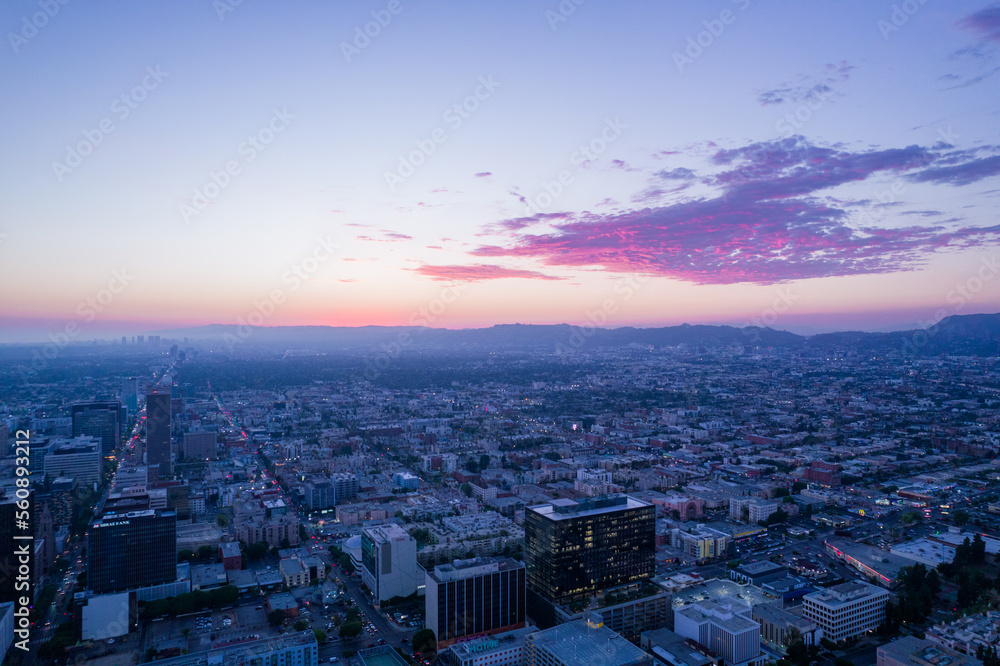 Beautifule view of Los Angeles frome drone on high. Sunset in California in pacific ocean