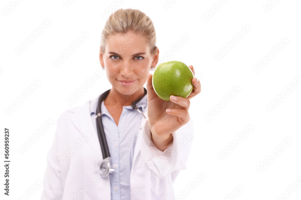 Doctor, studio portrait and woman with apple for nutrition, wellness and health by white background.