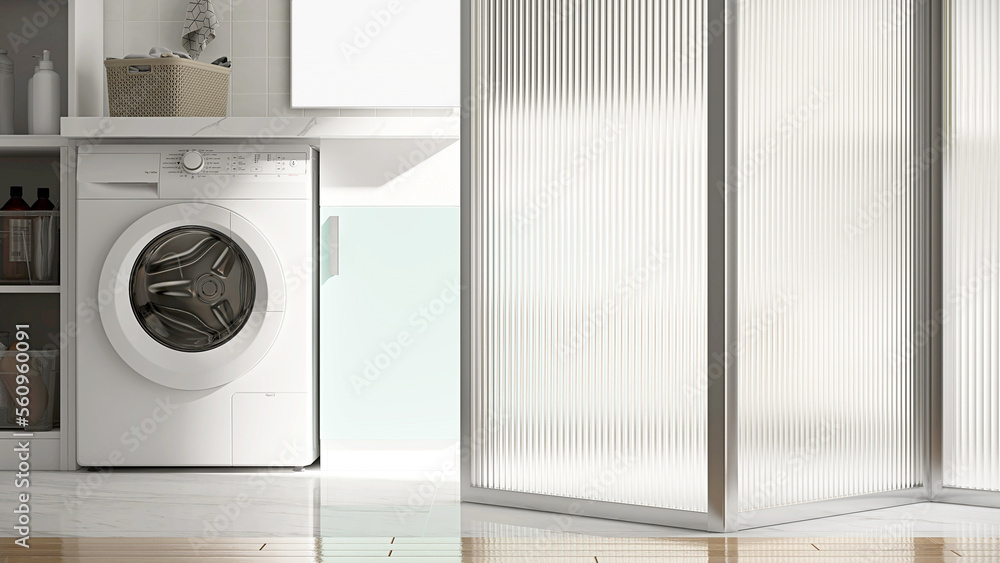 Modern accordion reeded acrylic glass folding door, aluminium frame of laundry room with washing mac