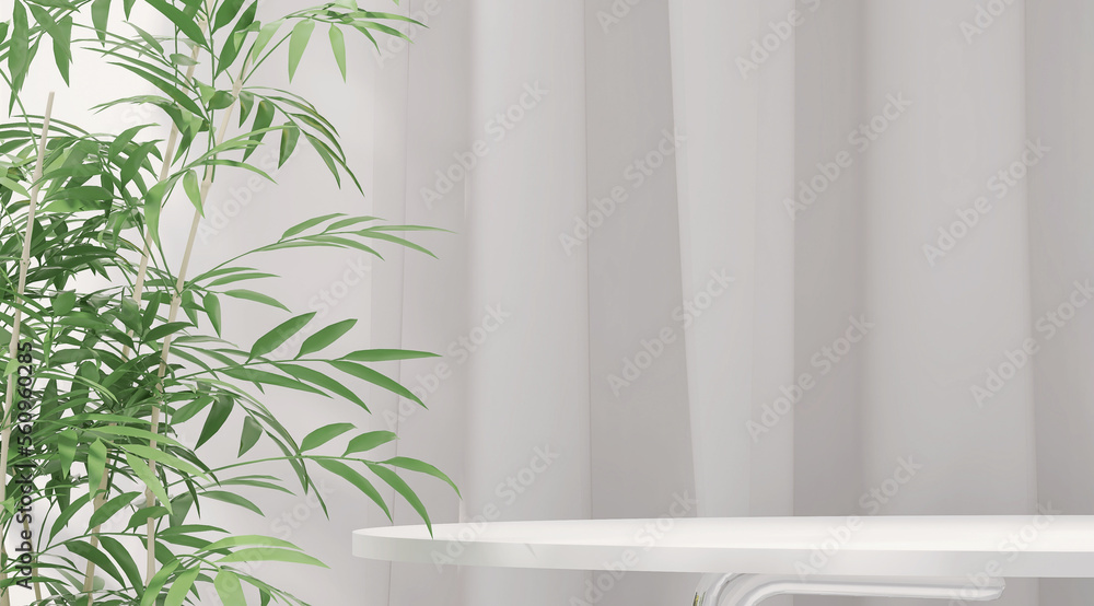 Modern, minimal empty white round glossy table counter top, green bamboo tree in sunlight on drapery