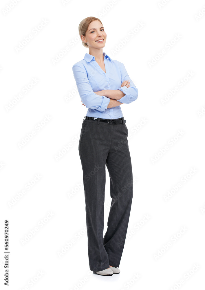 Business, leadership and body portrait of happy woman with confident smile, vision and motivation on