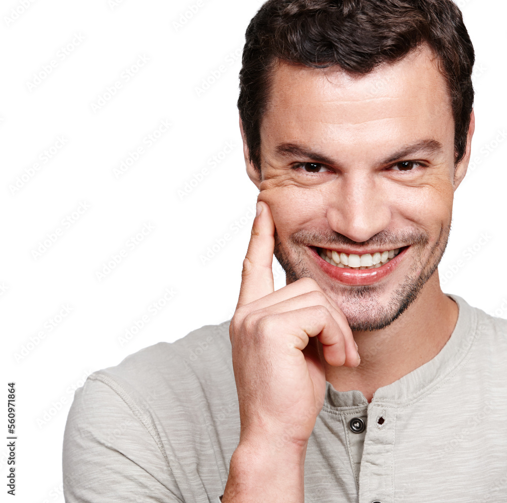 Man, studio portrait and happiness with smile, thinking and ideas by white background for focus. Iso