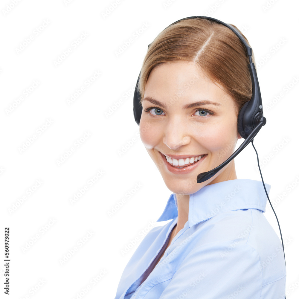 Face, customer service portrait and woman at call center in studio isolated on white background mock