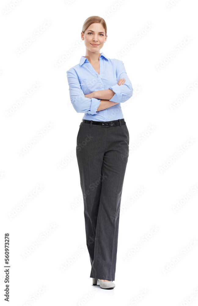 Business woman, full body portrait and confident smile with vision, leadership and motivation on whi