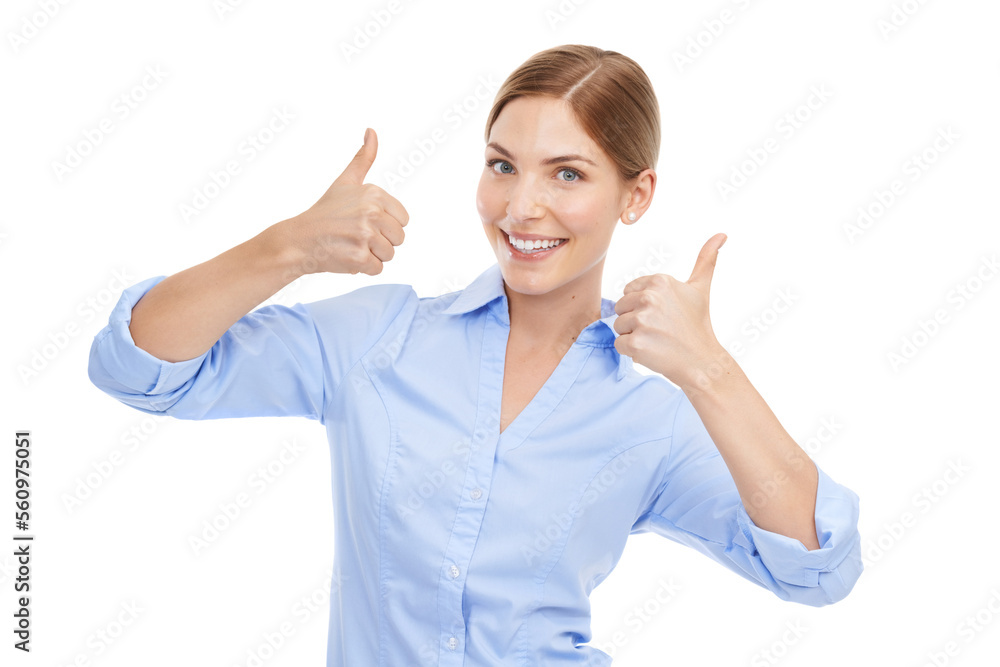 Thumbs up, hands and portrait of a business woman for winning, success and thank you for support or 