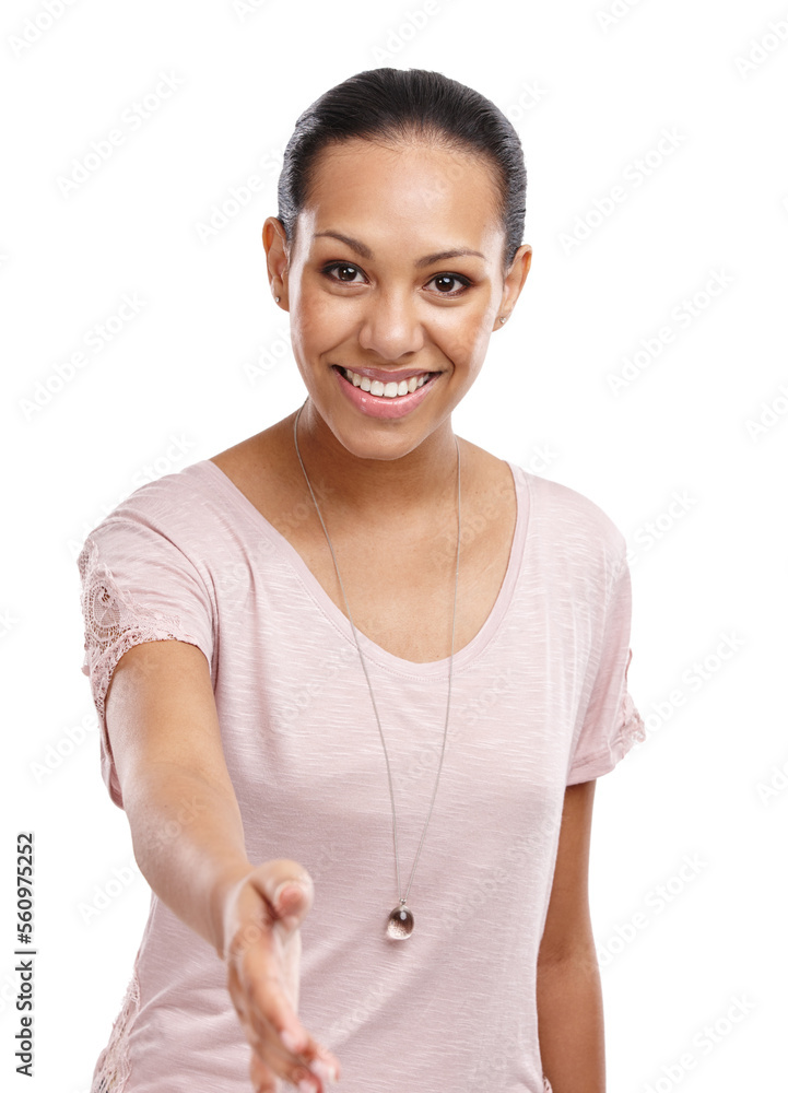 Handshake, happy and portrait of a woman in a studio for greeting, welcome or agreement. Friendly, h