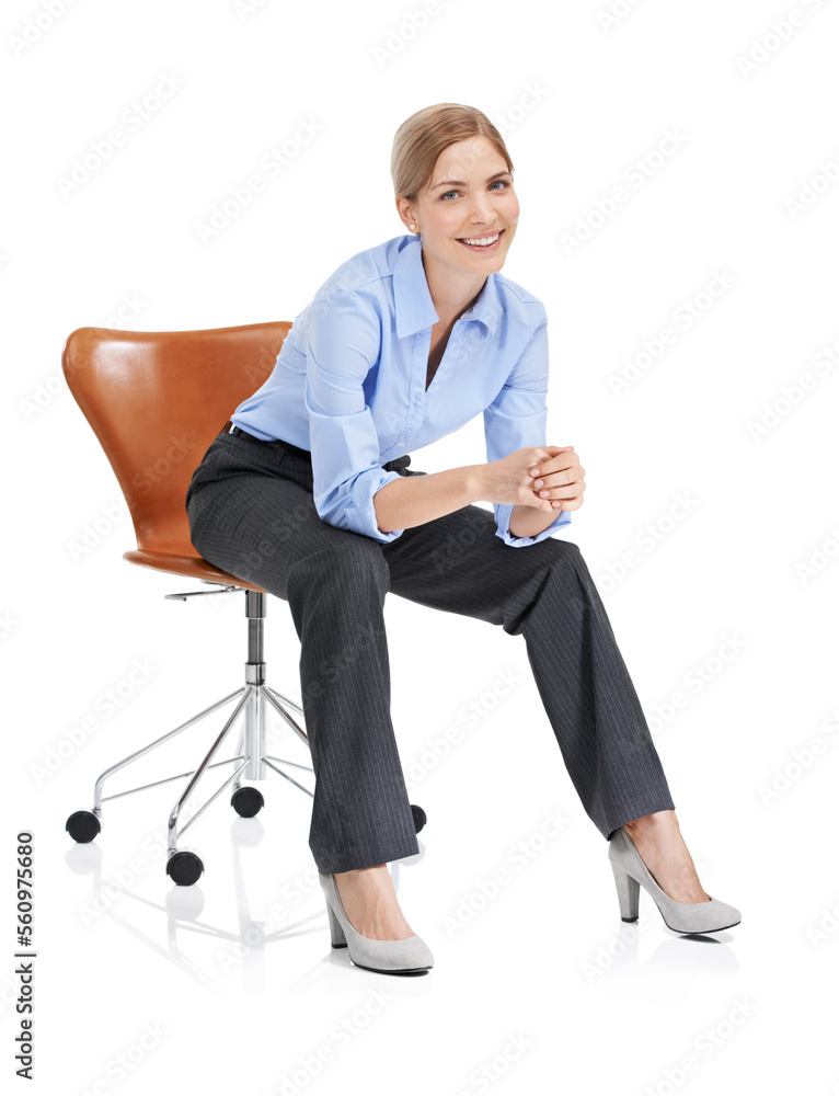 Portrait, smile and business woman on chair in studio isolated on white background. Ceo, boss and ha