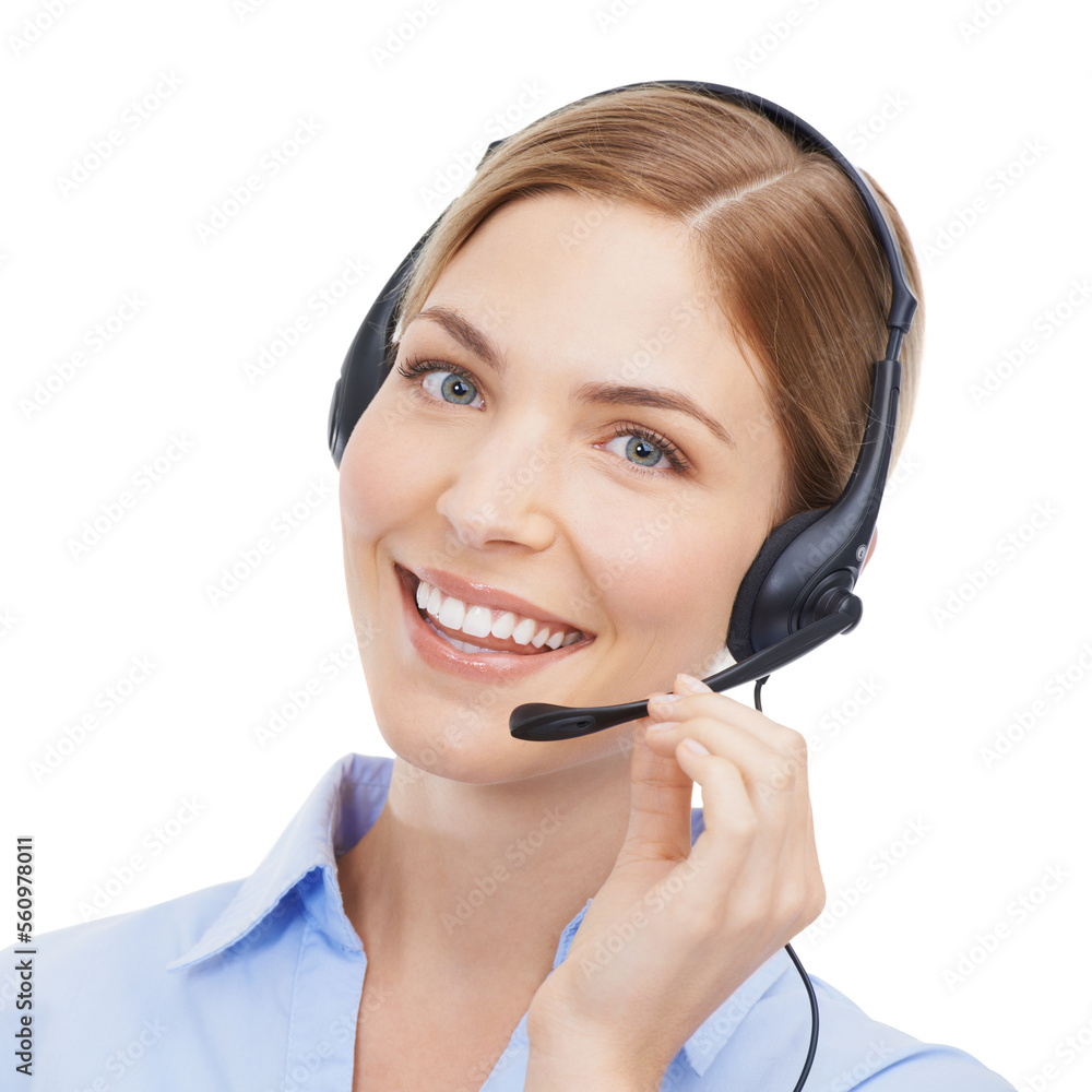 Customer service, face portrait and woman at call center in studio isolated on white background. Crm