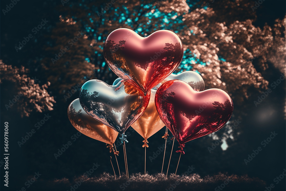 Bunch of heart shaped foil balloons gift for Valentines day. Air Balloons. Holiday background. Love